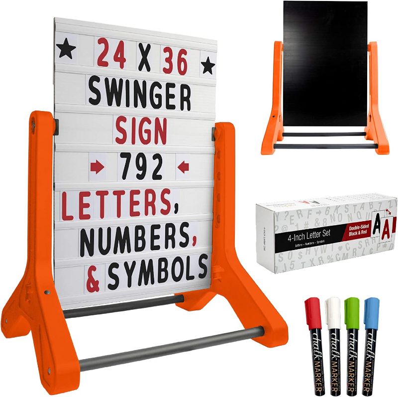 Photo 1 of Swinging Changeable Message Sidewalk Sign: 24" x 36" Sign with 792 Pre-Cut Double Sided Letters and Storage Box. Includes Black Sign Board & 4 Liquid Chalkboard & Letter Board (Orange Color Legs)