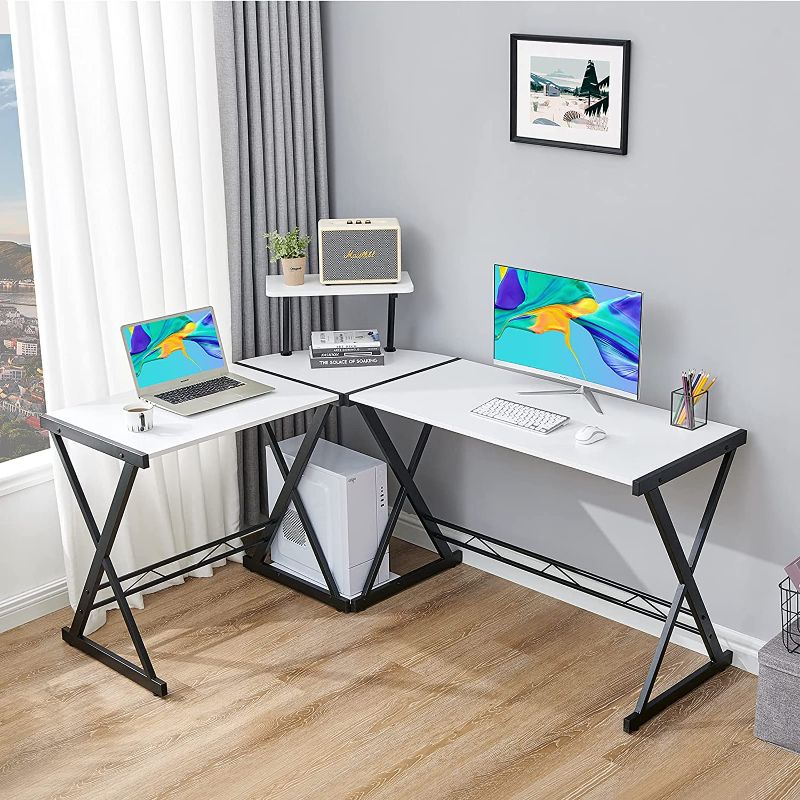 Photo 1 of GreenForest L Shaped Computer Desk Large Size Reversible Corner Computer Desk 64 inch with Large Monitor Stand and CPU Stand, Home Office Study Writing Desk Workstation, Space Saving, White