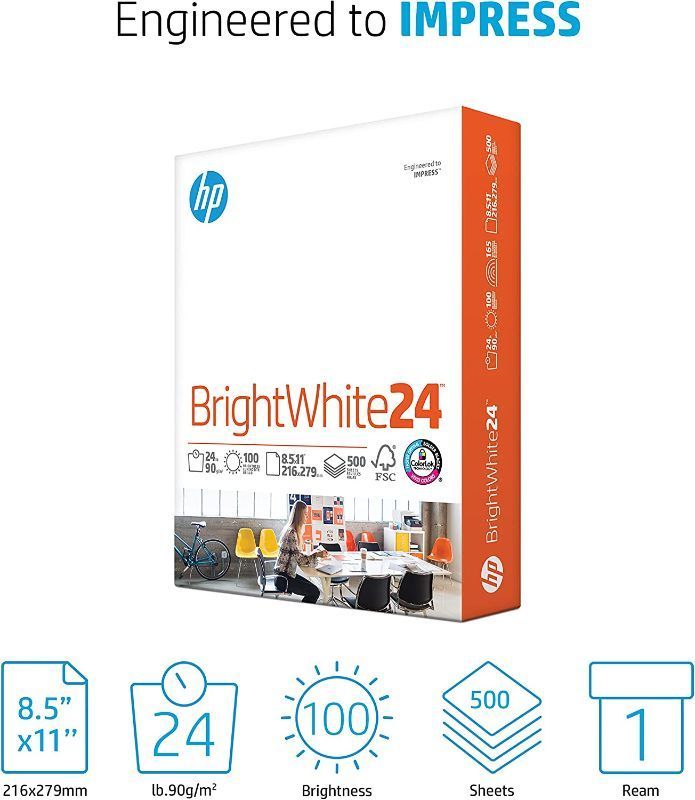 Photo 1 of HP Printer Paper | 8.5 x 11 Paper | BrightWhite 24 lb |1 Ream - 500 Sheets| 100 Bright | Made in USA - FSC Certified | 203000R
