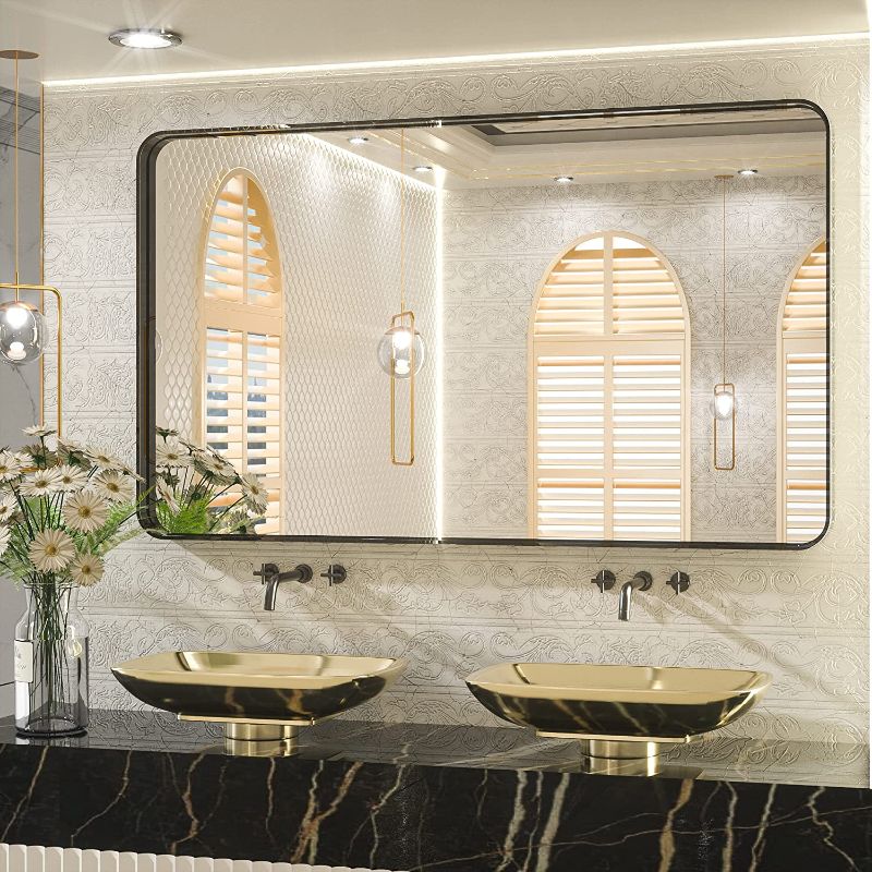 Photo 1 of  48x30 Inch Bathroom Mirror, Matte Black Modern Metal Frame Rectangle Wall Mounted Vanity Mirror (Horizontal/Vertical)

