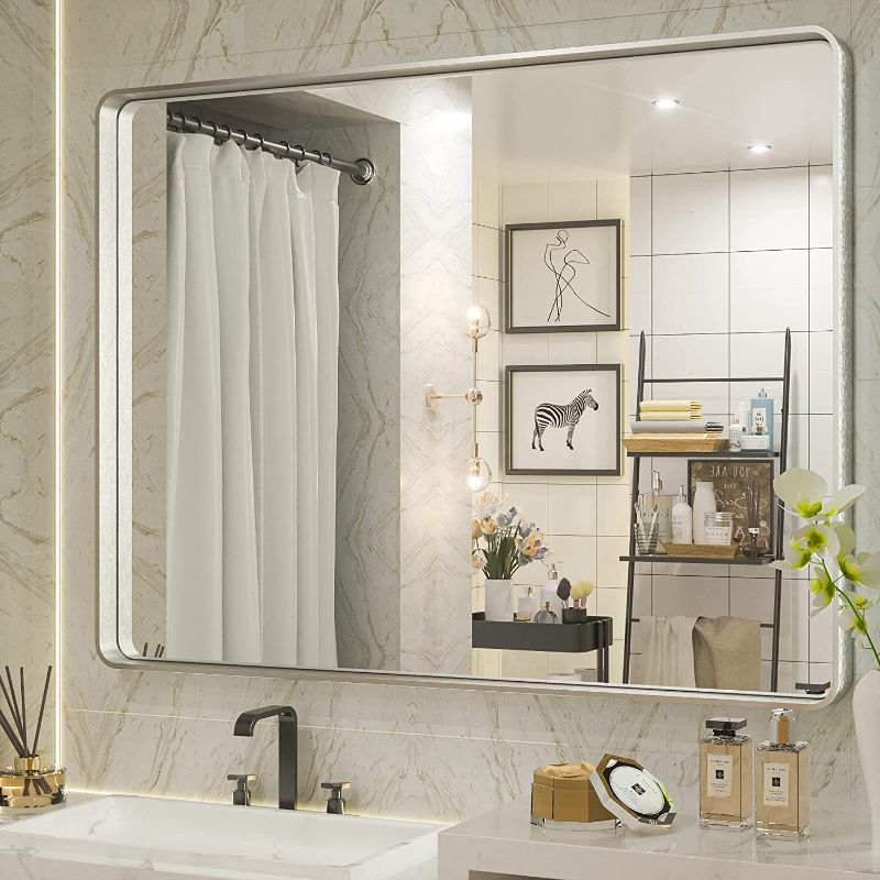 Photo 1 of  40x30 Inch Bathroom Mirror, Silver Framed Wall Mounted Brushed Nickel Metal Rectangle Modern Vanity Mirror (Horizontal/Vertical)

