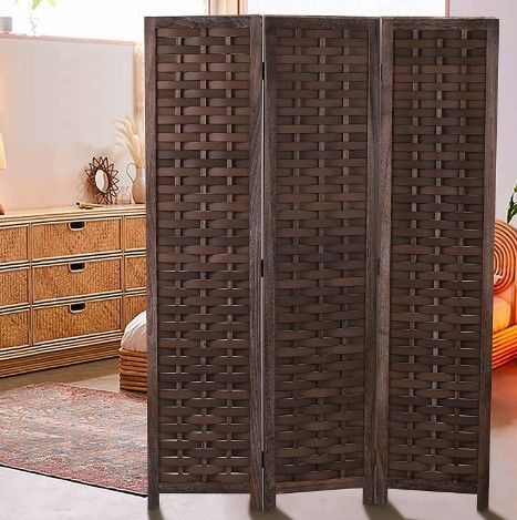 Photo 1 of 3 Panel 67 Paulownia Wood Screen Room Divider Folding Room Partitions Freestanding Privacy Screen w Hand Woven Polymer Rattan Room Separator Divider Wall
