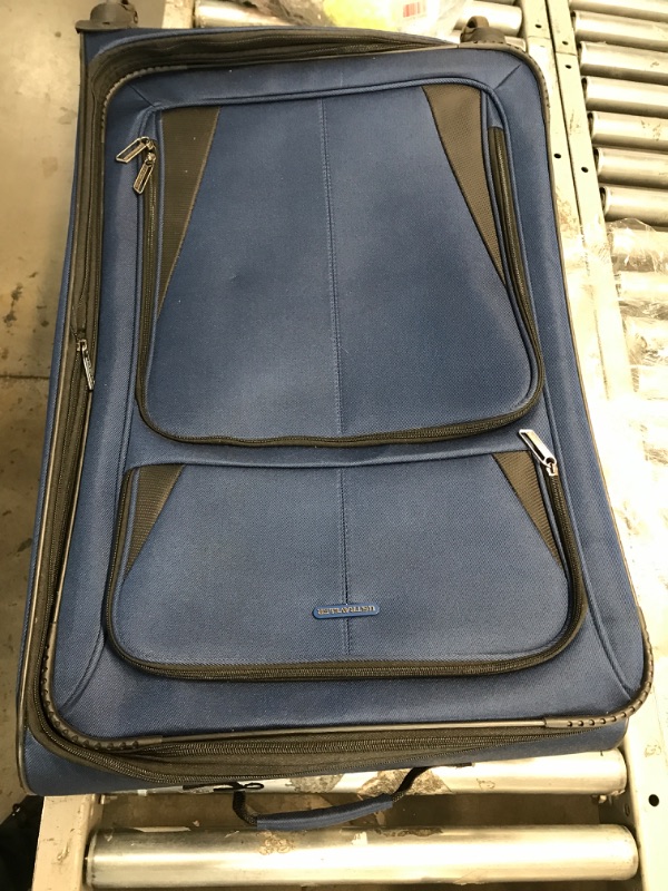 Photo 2 of **MINOR DAMAGE TO ZIPPER** U.S. Traveler Aviron Bay Expandable Softside Luggage with Spinner Wheels, Navy, Checked-Large 31-Inch Checked-Large 31-Inch Navy