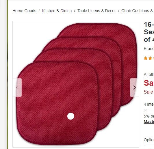 Photo 1 of 16-in. Square Non-slip Memory Foam Seat Cushions (2 OR 4) - 16 X 16 - Set of 4 - Red
