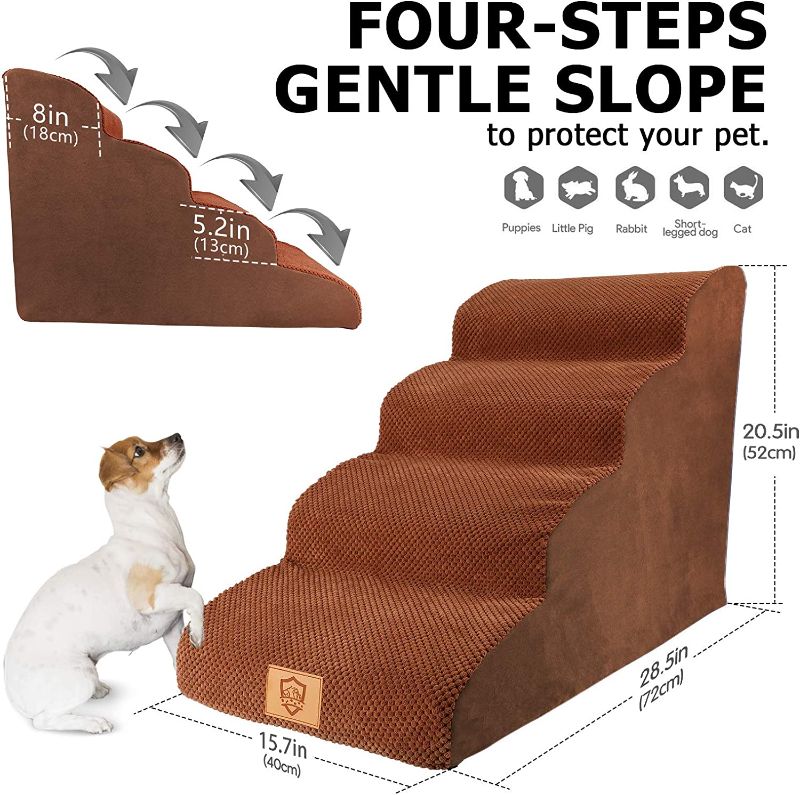 Photo 1 of 4 Tiers,Extra Wide Deep Pet Steps,Non-Slip Pet Stairs,Dog Ramp for Bed,Soft Foam Dog Ladder,Best for Older Dogs Injured,Older Pets,Cats with Joint Pain,Color Brown