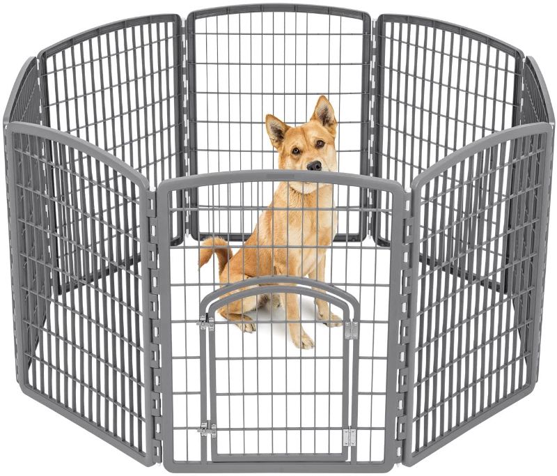 Photo 1 of **SEE NOTES**
IRIS USA 34" Exercise 8-Panel Pet Playpen with Door, Dog Playpen, for Small, Medium, and Large Dogs, Keep Pets Secure, Easy Assemble, Rust-Free, Heavy-Duty Molded Plastic, Customizable, Gray
