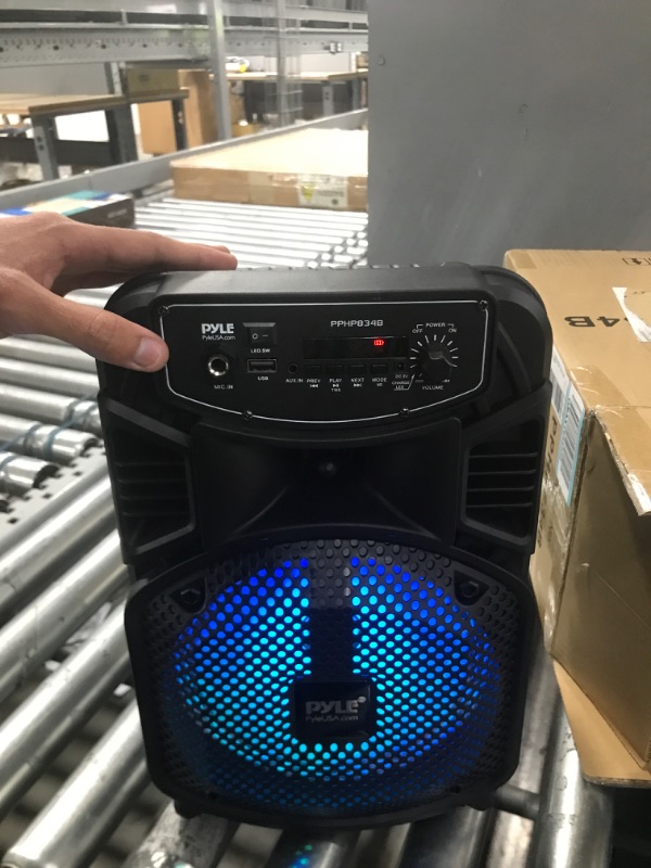 Photo 2 of Pyle Portable Bluetooth PA Speaker System-300W Rechargeable Indoor/Outdoor Bluetooth Speaker Portable System w/ 8” Subwoofer 1” Tweeter, Microphone in, Party Lights, MP3/USB, Radio, Remote PPHP834B