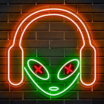 Photo 1 of GGK Alien with Headphone Neon LED Sign Neon Green Alien Decor for Man Cave Room Decoration Cool Things for Teen Room Gamer Room Decor Streamer Live Accessory (Alien with Headphone)