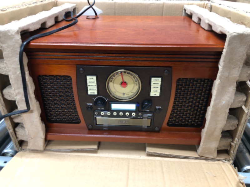 Photo 2 of Victrola Wood 8-in-1 Nostalgic Bluetooth Record Player with USB Encoding and 3-Speed Turntable - Mahogany Wood
