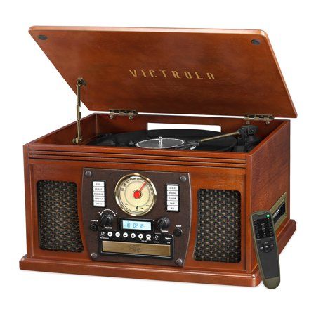 Photo 1 of Victrola Wood 8-in-1 Nostalgic Bluetooth Record Player with USB Encoding and 3-Speed Turntable - Mahogany Wood
