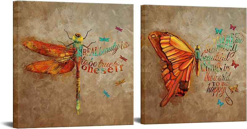 Photo 1 of 2Pcs Butterfly and Dragonfly Canvas Wall Art Natural Animal Painting Retro Vintage Motivational Quotes Framed Prints for Living Room Bedroom Bathroom Kitchen Home Decor 20x20inchx2pcs