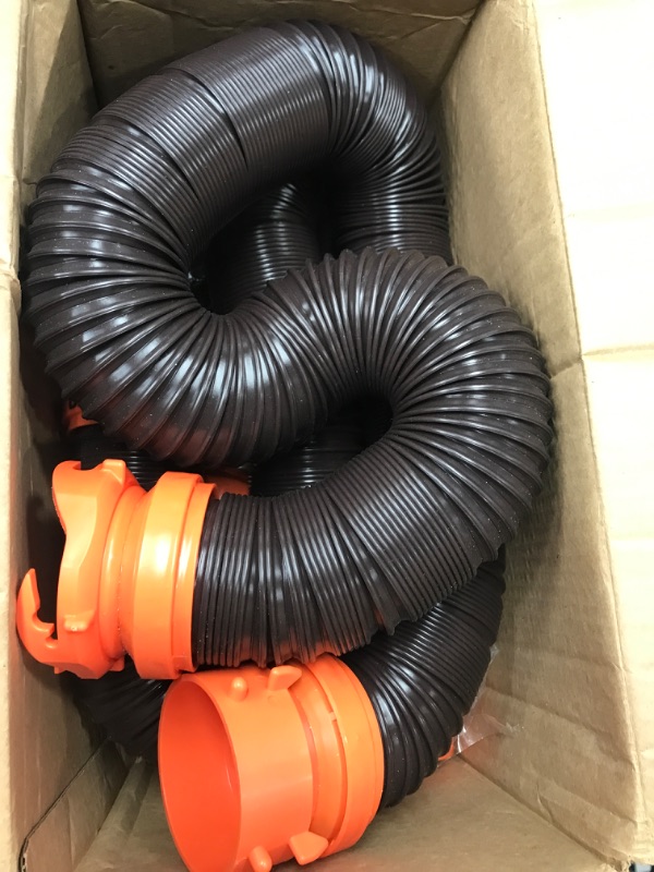 Photo 2 of Camco 20' (39742) RhinoFLEX 20-Foot RV Sewer Hose Kit, Swivel Transparent Elbow with 4-in-1 Dump Station Fitting-Storage Caps Included , Black , Brown 20ft Sewer Hose Kit Frustration-Free Packaging