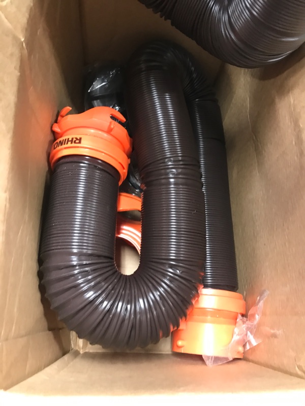 Photo 3 of Camco 20' (39742) RhinoFLEX 20-Foot RV Sewer Hose Kit, Swivel Transparent Elbow with 4-in-1 Dump Station Fitting-Storage Caps Included , Black , Brown 20ft Sewer Hose Kit Frustration-Free Packaging