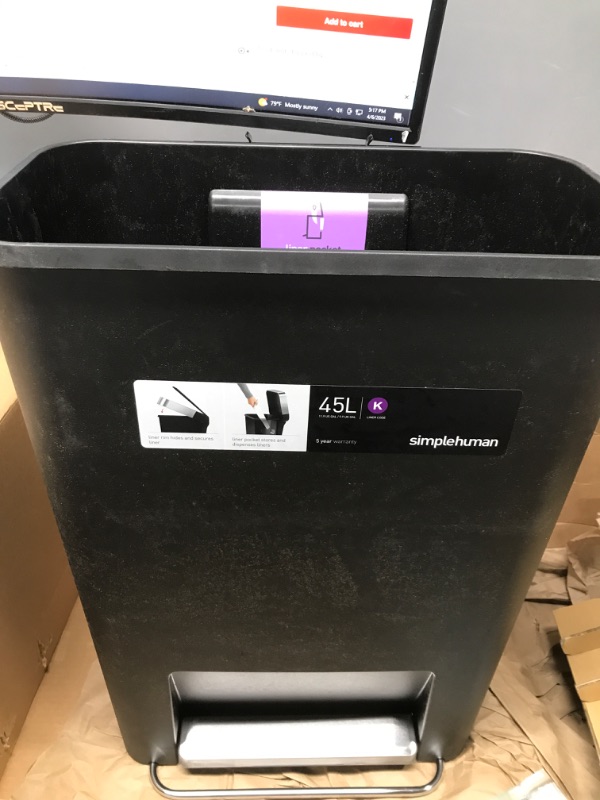 Photo 2 of *Missing Lid* simplehuman 45 Liter / 12 Gallon Rectangular Kitchen Step Trash Can with Soft-Close Lid, Black Plastic
