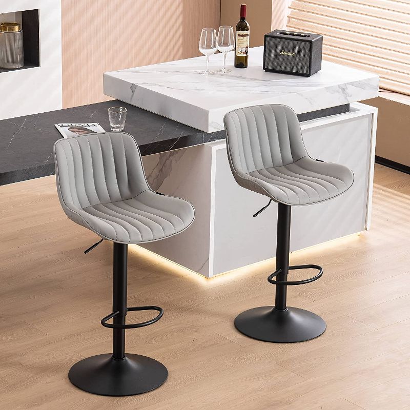 Photo 1 of *factory packaging* YOUNUOKE Grey Upholstered Bar Stools Set of 2 Counter Height Modern Adjustable Swivel Bar Chairs with Backs Mid Century PU Leather Padded Barstool for Home Kitchen Island
