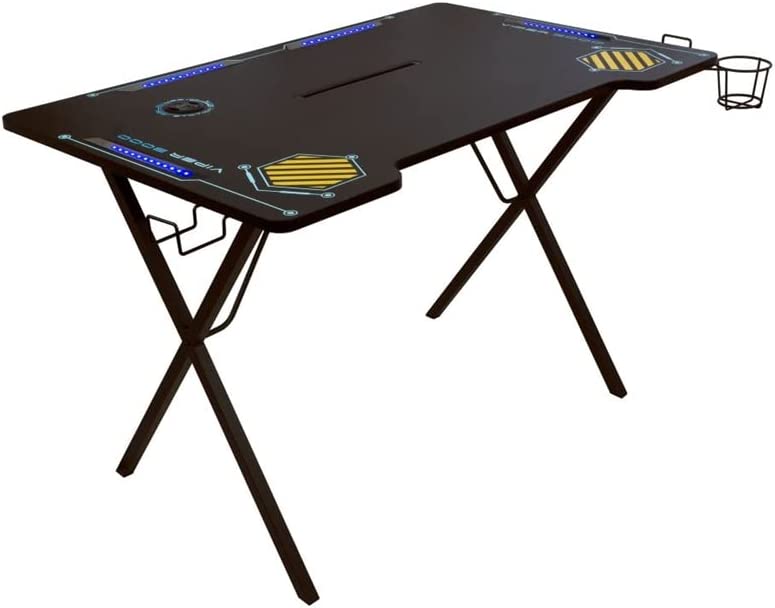 Photo 1 of Atlantic Viper 3000 Gaming Desk – Single Laminated Surface, Heavy-Duty Steel X-Legs, Integrated LED, 3 USB 3.0 Ports, Smart Device Slot, Surge Protector Tray, Headset Hooks, PN 33906164 - Black
