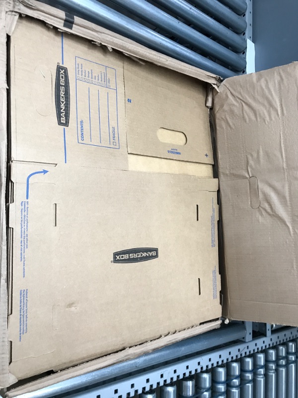 Photo 1 of Bankers Box SmoothMove Classic Small Moving Boxes, 10 Pack, Tape-Free Assembly, Easy Carry Handles, 10" x 12" x 15"