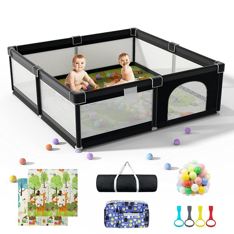 Photo 1 of , Indoor Outdoor Extra Large Activity Center, Babies Safety Play Area, Play in with Toys for Children, Play Area for Babies and Toddlers with Gate (Black)