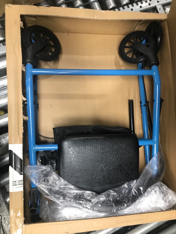 Photo 1 of Medline Mobility Lightweight Folding Steel Rollator Walker with 6-inch Wheels, Adjustable Seat and Arms, Light Blue