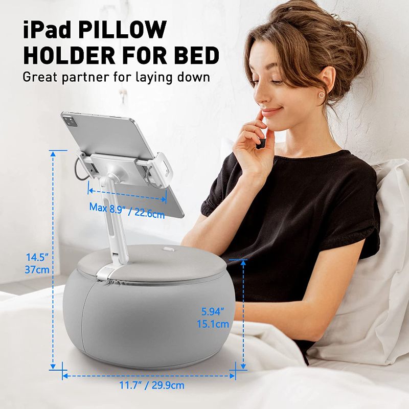 Photo 1 of AboveTEK Tablet Pillow Holder for Bed, Hands Free 360° Swivel Phone/iPad Pillow Stand for Lap in Bed Laying Down with Soft Bean Bag, Fits 4.9 to 12.9 Inch Tablets/Phones/Kindle for Sofa Couch (Grey)