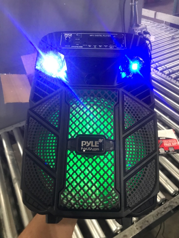 Photo 2 of Portable Bluetooth PA Speaker System - 300W Rechargeable Outdoor Bluetooth Speaker Portable PA System w/ 8” Subwoofer 1” Tweeter, Microphone in, MP3/USB, Radio, Remote - Pyle PPHP838B, Black