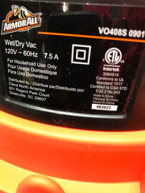 Photo 2 of *** PARTS ONLY*** Armor All VO408S 0901 4 Gallon Wet/Dry Vac 3.0 Peak HP Shop Vacuum with 3 Nozzles and 1 Brush, Stainless Steel Tank, Orange 4 Gal Vac