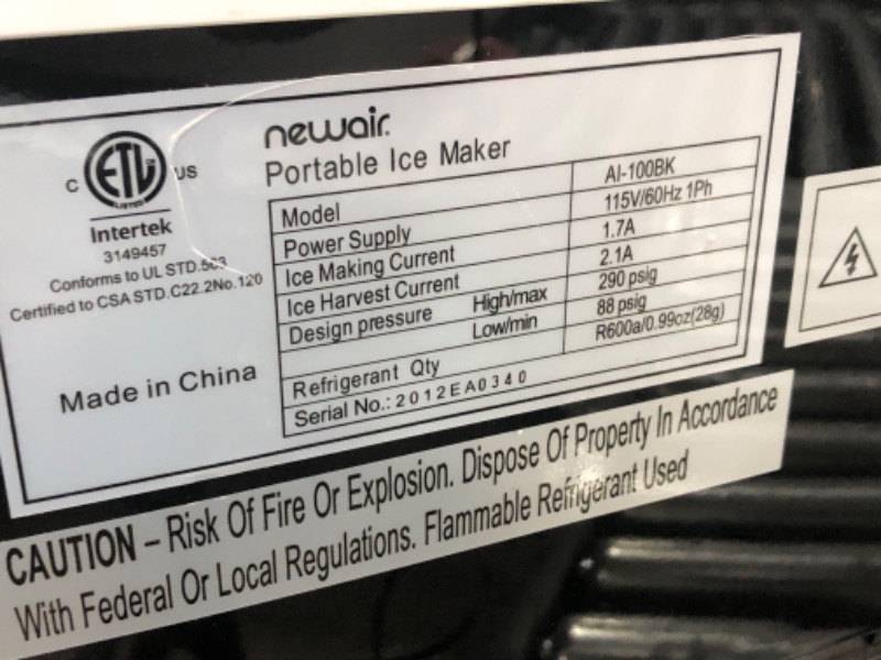 Photo 2 of **SEE NOTES**
NewAir Portable Ice Maker 28 lb. Daily, Countertop Compact Design, 3 Size Bullet Shaped Ice, AI-100BK, Black & 4 Ounce Stainless Steel Ice Scoop