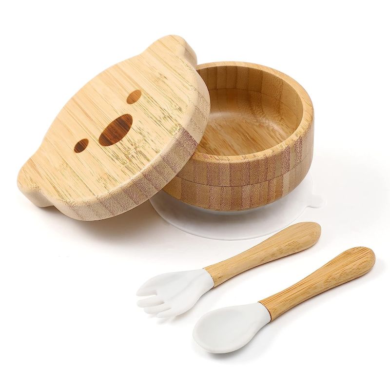 Photo 1 of Baby Bowls with Lid - HBM Bamboo Suction Bowls for Baby and Spoon Set - 3PC Feeding Supplies Set for Infant, Toddlers - Detachable Silicone Suction Stay Put...
