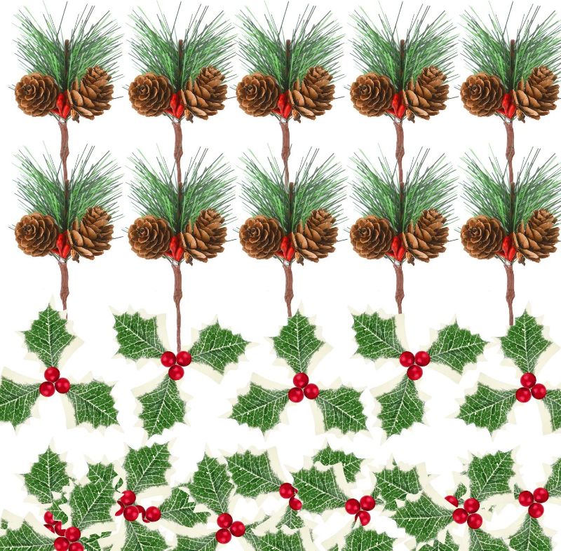 Photo 1 of (PACK OF 2) TUPARKA 24 Pieces Artificial Holly Berry Picks and Christmas Pine Cone Picks Set, Includes 12 Pcs Red Berry Picks and 12 Pcs Mini Pine Picks Box Garland Table Decorations Crafts Sup
