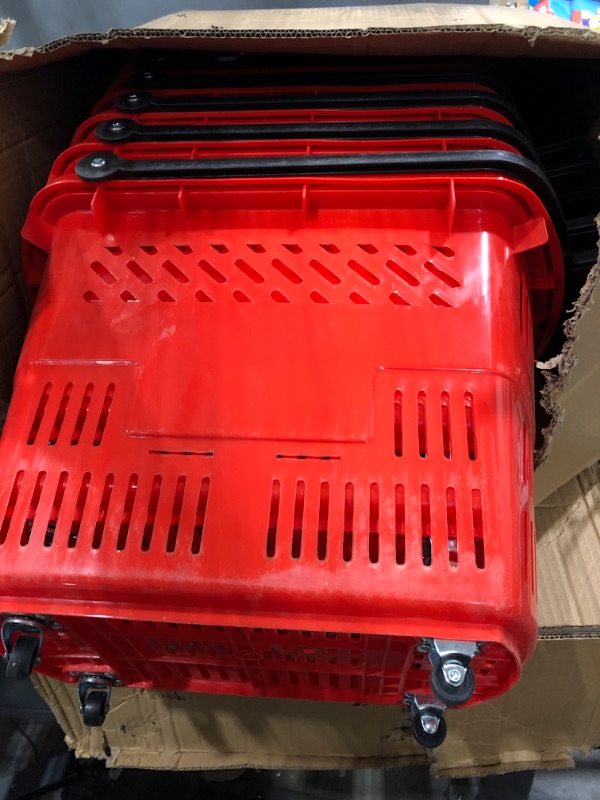 Photo 2 of 8 Pcs 35L Shopping Basket with Wheels Shopping Cart Retail Shopping Baskets Carts Grocery Baskets with Handles Plastic Shopping Carts for Retail Store Shopping (Red)