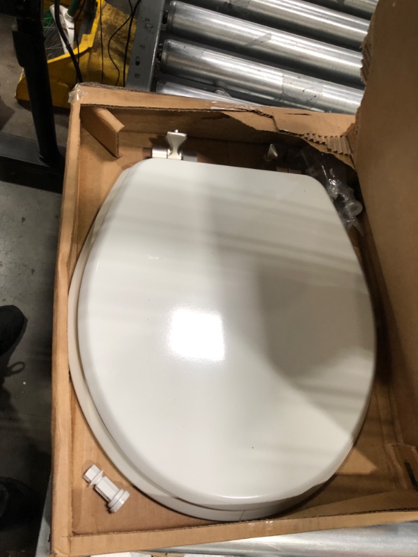 Photo 2 of **box has been opened**
Benton Soft Close Round Enameled Wood Toilet Seat Never Loosens Brushed Nickel Hinge White - Mayfair by Bemis