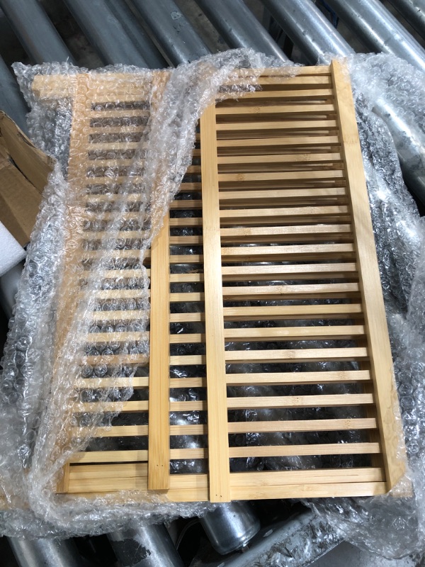 Photo 1 of Amazon Basics Folding 2-Tier Bamboo Dish Drying Rack with Utensil Holder - Collapsible, Natural Flat Bar with Utensil Holder