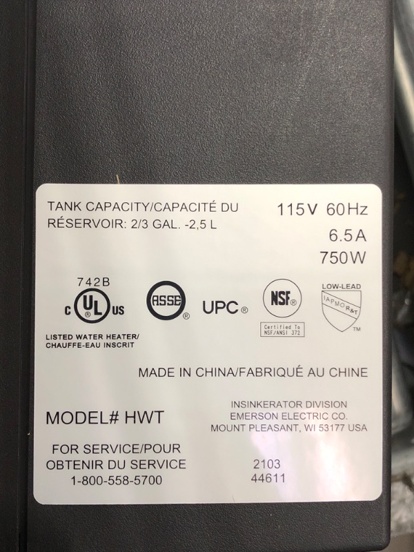 Photo 1 of InSinkErator Instant Hot Water Tank - 2/3 Gallon Stainless Steel Tank, HWT-00 , Black Water Heater