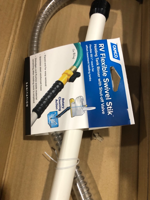 Photo 3 of Camco RV Flexible Swivel Stik with Shutoff Valve - Creates Powerful Cleaning Action that Dislodges and Flushes Stubborn Waste Deposits and Combats Odors (40074), 55-1/2 Inch Flexible Swivel Stik Tank Rinser Standard Packaging