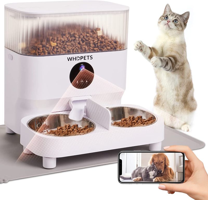 Photo 1 of Automatic Cat Feeders, WHDPETS WiFi Pet Feeder with 1080P Camera for 2 Cats & Dogs, 5L Auto Dog Food Dispenser with Feeding Mat, Portion Control, Dual Power Supply, Voice Recorder, 2.4G Wi-Fi Enabled
