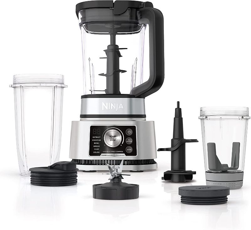 Photo 1 of Ninja SS351 Foodi Power Blender & Processor System 1400 WP Smoothie Bowl Maker & Nutrient Extractor* 6 Functions for Bowls, Spreads, Dough & More, smartTORQUE, 72-oz.** Pitcher & To-Go Cups, Silver
