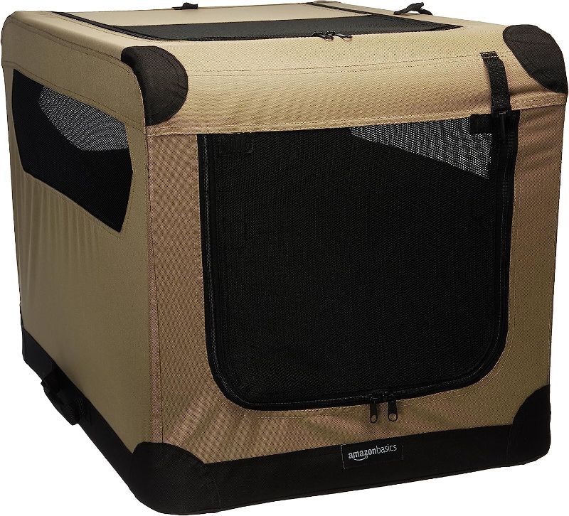 Photo 1 of Amazon Basics 2-Door Collapsible Soft-Sided Folding Soft Dog Travel Crate Kennel, Medium (21 x 21 x 30 Inches), Tan
