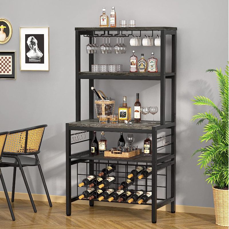 Photo 1 of ***MISSING HARDWARE*** Unikito Wine Rack Table, FreeStanding Wine Bar Rack, Wine Coffee Bar Cabinet with GlassBottle Holder, Floor Liquor Wine Cabinet Storage, Multifunctional Bar Cabinet for Home Kitchen/Dining Room, Gray
