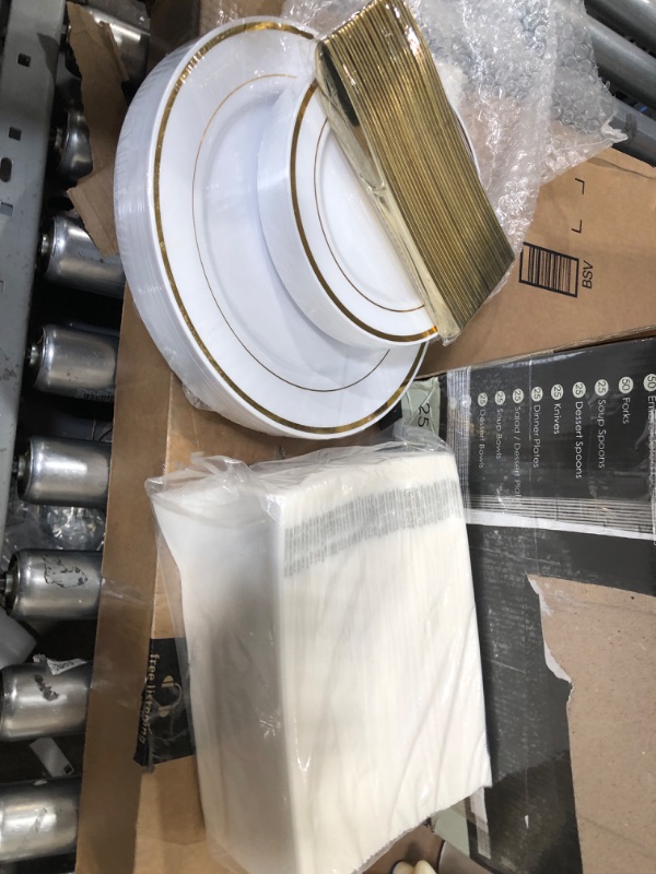 Photo 2 of Earth's Dreams 300 Piece Gold Disposable Dinnerware Set - 100 Plastic Plates for Christmas Party (25 Dinner, 25 Salad, 25 Soup, 25 Dessert Plates), 125 Gold Silverware, 25 Cups 50 Napkins Table Runner