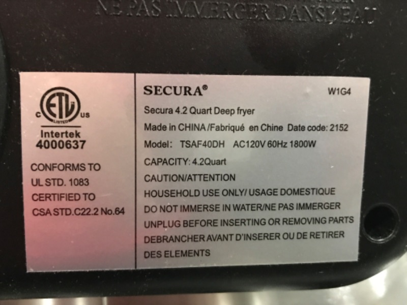 Photo 4 of ***TESTED/ TURNS ON*** Secura Electric Deep Fryer 1800W-Watt Large 4.0L/4.2Qt Professional Grade Stainless Steel with Triple Basket and Timer