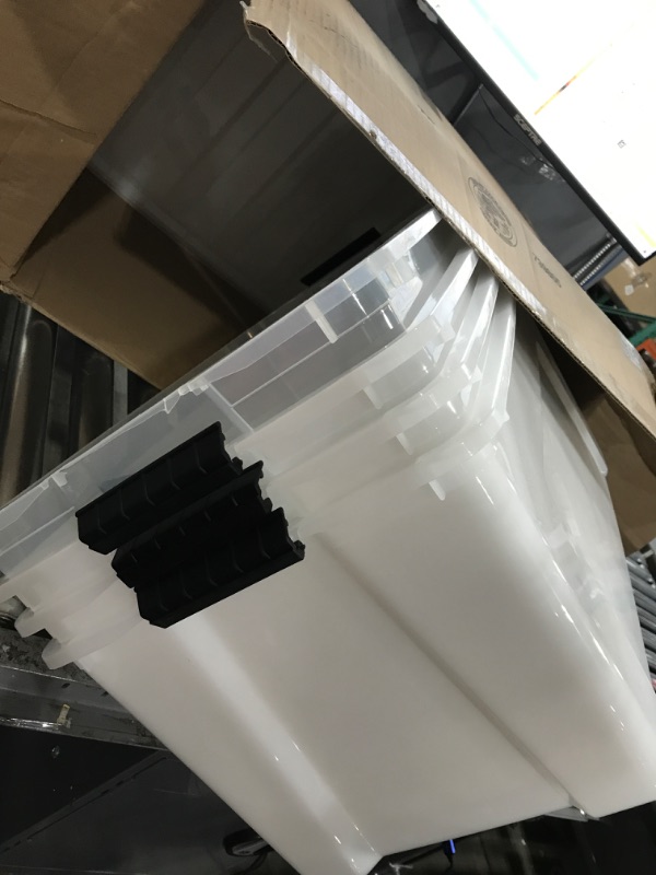 Photo 2 of ***LID HANDLE BROKEN** IRIS USA 72 Qt. Plastic Storage Bin Tote Organizing Container with Durable Lid and Secure Latching Buckles, 4 Pack, Stackable and Nestable, Pearl with Black Buckle k) 72 Qt. - 4 Pack