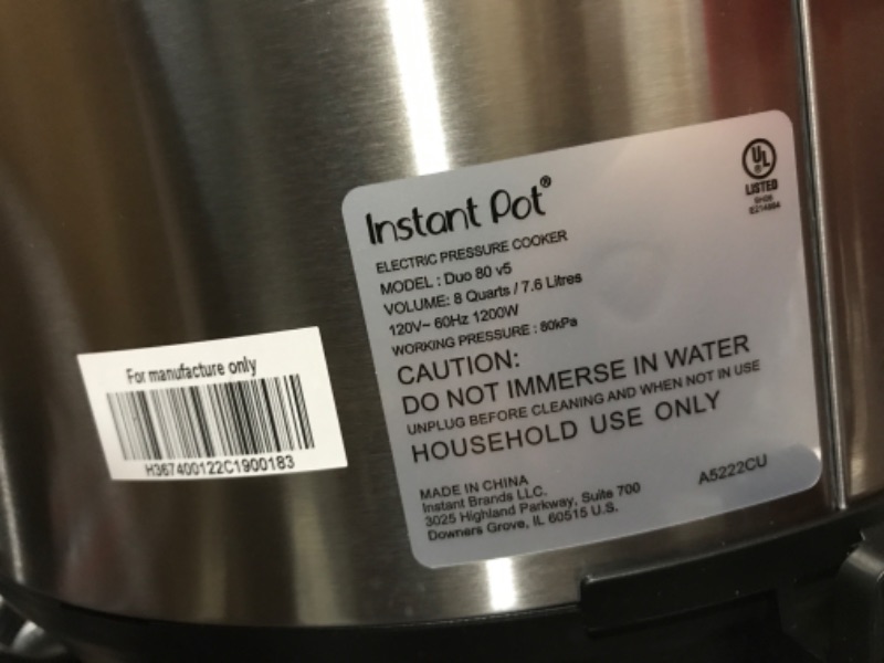 Photo 4 of ***TESTED/ TURNS ON** Instant Pot Duo 7-in-1 Electric Pressure Cooker, Slow Cooker, Rice Cooker, Steamer, Sauté, Yogurt Maker, Warmer & Sterilizer, Includes App With Over 800 Recipes, Stainless Steel, 8 Quart 8QT Duo