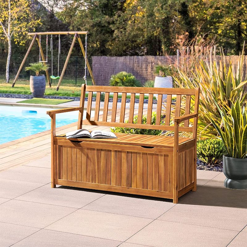 Photo 1 of 47"W Acacia Wood Outdoor Storage Bench - Perfect for Storing Blankets, Cushions or Toys - 100% Weather Resistant Wood - Perfect for Modern Garden Setting - Outdoor Furniture, Patio Bench, Garden Bench