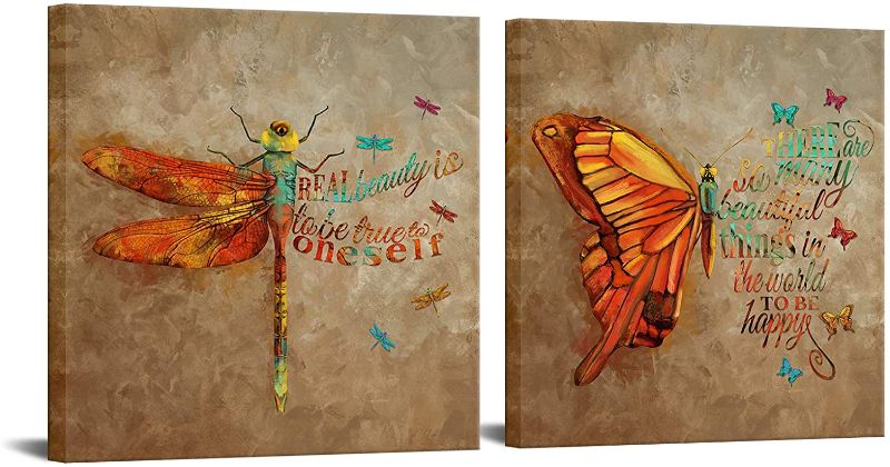 Photo 1 of 2Pcs Butterfly and Dragonfly Canvas Wall Art Natural Animal Painting Retro Vintage Motivational Quotes Framed Prints for Living Room Bedroom Bathroom Kitchen Home Decor 20x20inchx2pcs