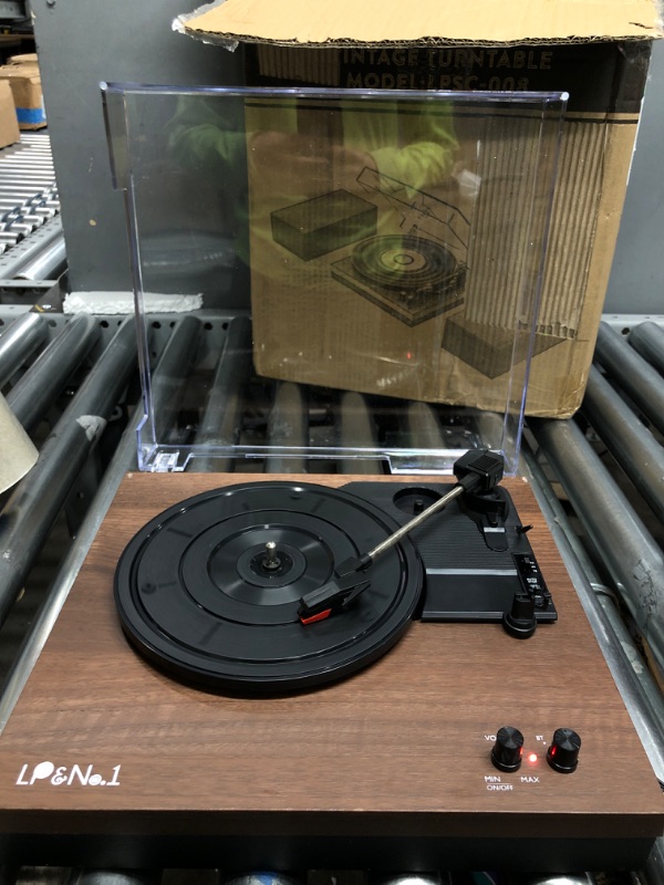 Photo 2 of LP&No.1 Bluetooth Vinyl Record Player with External Speakers, 3-Speed Belt-Drive Turntable for Vinyl Albums with Auto Off and Bluetooth Input DarkBrown Wood