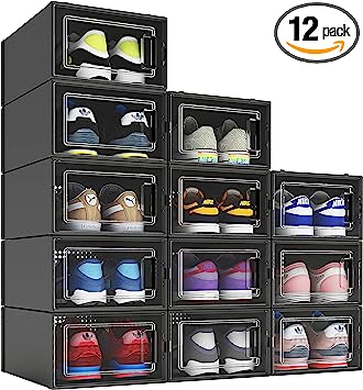 Photo 1 of 12 Pack Shoe Organizer Boxes, Black Plastic Stackable Shoe Storage Bins For Closet, Space Saving Shoe Holder Sneaker Display Case
