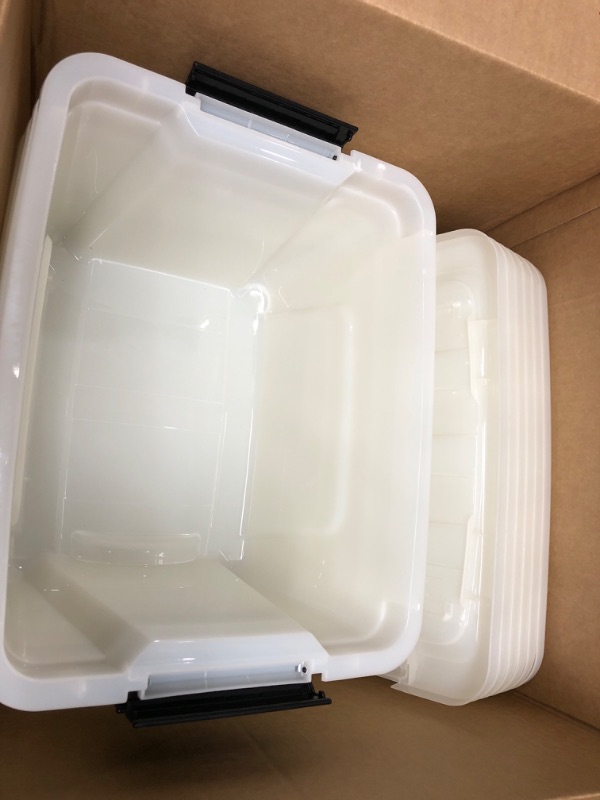 Photo 3 of ** MINOR DAMAGE** IRIS USA 19 Qt. Plastic Storage Bin Tote Organizing Container with Durable Lid and Secure Latching Buckles, 6 Pack, Stackable and Nestable, Pearl with Black Buckle c) 19 Qt. - 6 Pack