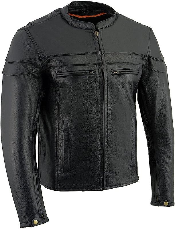 Photo 1 of Milwaukee Leather LKM1725 Men's Black Sporty Crossover Scooter Style Leather Motorcycle Jacket w/Reflective Piping
SIZE: M