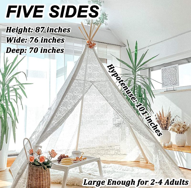 Photo 1 of Tiny Land Teepee Tent for Adults, Lace Teepee for Kids with Carry  Bag, 87" H - 5 Sides Huge Teepee Indoor Tent, Adult Teepee Tent Outdoor Wedding Teepee, 80" x 80" x 87", Picnic Tent, Beach Tent