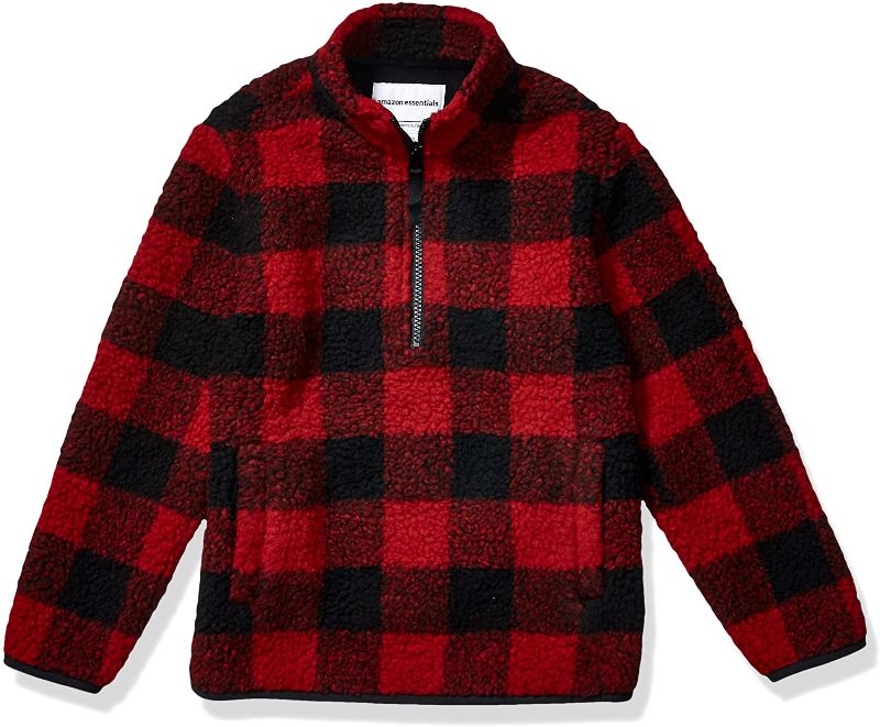 Photo 1 of Amazon Essentials Kids Boys Polar Fleece Lined Sherpa Quarter-Zip Jackets, Exploded Red Buffalo Check, Medium